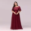 Women Plus Size Elegant Sequin Embroidery Short Sleeve Tulle Evening Gown Dress
