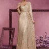 Sequin Long Sleeve V-Neck Elegant Maxi Evening Gown Women Dress