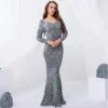 Sequin Velvet Long Sleeve V-Neck Mermaid Evening Gown Formal Party Dress