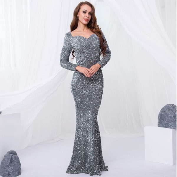 Sequin Velvet Long Sleeve V-Neck Mermaid Evening Gown Formal Party Dress