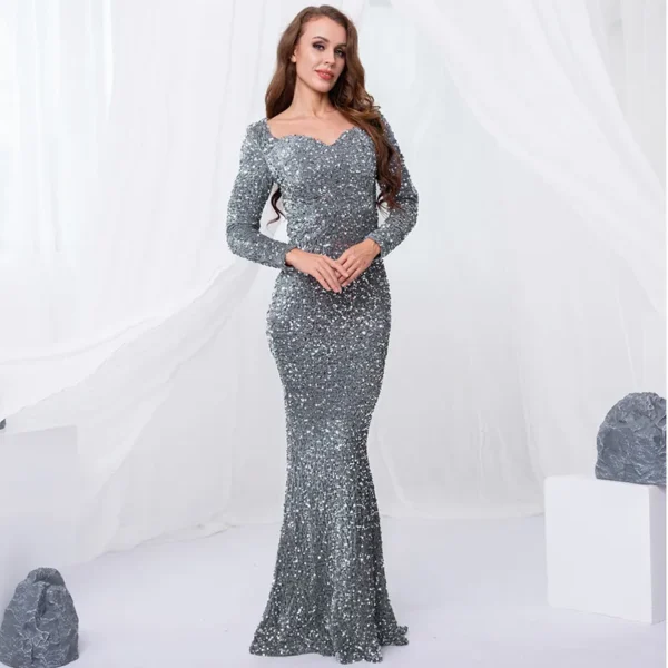 Sequin Velvet Long Sleeve V-Neck Mermaid Evening Gown Formal Party Dress