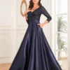 Sequin V-Neck Long Sleeve Satin Evening Gown Plus Size