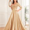 Sequin V-Neck Long Sleeve Satin Evening Gown Plus Size