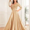Sequin V-Neck Long Sleeve Satin Evening Gown Plus Size