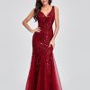 Womens Summer Mermaid Evening Gown Deep V-Neck Sleeveless Tulle Sequin Embroidered Dress