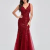 Elegant Deep V-Neck Evening Dress Gown with Embroidered Sequins