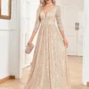 Sequin Evening Dress Women Long Sleeve V-Neck Elegant Maxi Gown