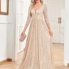 Womens Sequin V-Neck Long Sleeve Slim Maxi Evening Dress