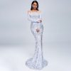 Sequin Dress Feather Off Shoulder Long Sleeve Mermaid Evening Gown