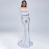 Sequin Dress Feather Off Shoulder Long Sleeve Mermaid Evening Gown