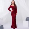 Sequin Velvet Long Sleeve V-Neck Mermaid Evening Gown Formal Party Dress