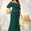 Plus Size Sequin Dress V-Neck Half Sleeve Slim Flowy Evening Gown