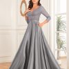 Sequin V-Neck Long Sleeve Satin Evening Gown Plus Size