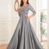 Sequin V-Neck Long Sleeve Satin Evening Gown Plus Size