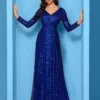 Sequin Long Sleeve V-Neck Elegant Maxi Evening Gown Women Dress