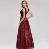 Sequin Patchwork Velvet V-Neck Sleeveless A Line Maxi Evening Dress Elegant