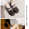 Womens Lolita Mary Jane Round Toe Bow Buckle Waxed Leather Low Heel Breathable