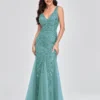 Elegant Deep V-Neck Evening Dress Gown with Embroidered Sequins
