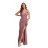 Womens Sequin Bodycon Evening Dress Spaghetti Strap V-Neck High Slit