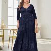 Women Plus Size Sequin Long Sleeve V-Neck Elegant Evening Party Dress