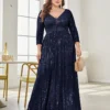 Women Plus Size Sequin Long Sleeve V-Neck Elegant Evening Party Dress