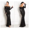 Feather Off-Shoulder Sequin Velvet Stretch Mermaid Evening Party Dress
