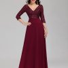 Plus Size Sequin V-Neck 3/4 Sleeve Evening Dress