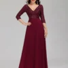 Plus Size Sequin Evening Dress Deep V-Neck 3/4 Sleeve Floor-Length Party Gown