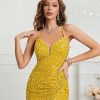 Womens Sequin Bodycon Evening Dress Spaghetti Strap V-Neck High Slit