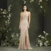 Sequin Evening Dress Sleeveless Draped Neckline Slit Maxi Elegant