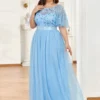 Women Plus Size Elegant Sequin Embroidery Short Sleeve Tulle Evening Gown Dress