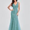 Womens Summer Mermaid Evening Gown Deep V-Neck Sleeveless Tulle Sequin Embroidered Dress