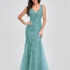 Elegant Deep V-Neck Evening Dress Gown with Embroidered Sequins