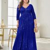 Women Plus Size Sequin Long Sleeve V-Neck Elegant Evening Party Dress