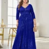 Women Plus Size Sequin Long Sleeve V-Neck Elegant Evening Party Dress