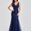 Elegant Deep V-Neck Evening Dress Gown with Embroidered Sequins