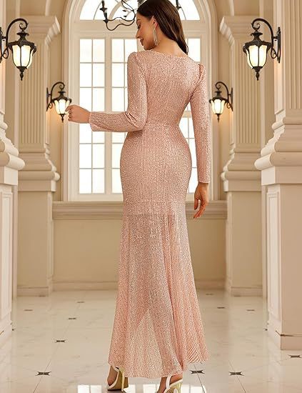 Elegant VNeck Long Sleeve Sequin Long Evening Dress Wedding Guest Cocktail