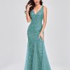 Womens Summer Mermaid Evening Gown Deep V-Neck Sleeveless Tulle Sequin Embroidered Dress
