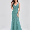 Elegant Deep V-Neck Evening Dress Gown with Embroidered Sequins
