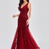 Womens Summer Mermaid Evening Gown Deep V-Neck Sleeveless Tulle Sequin Embroidered Dress