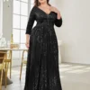 Women Plus Size Sequin Long Sleeve V-Neck Elegant Evening Party Dress