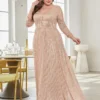 Women Plus Size Sequin Long Sleeve V-Neck Elegant Evening Party Dress