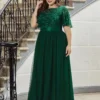 Women Plus Size Elegant Sequin Embroidery Short Sleeve Tulle Evening Gown Dress
