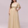 Women Plus Size Elegant Sequin Embroidery Short Sleeve Tulle Evening Gown Dress