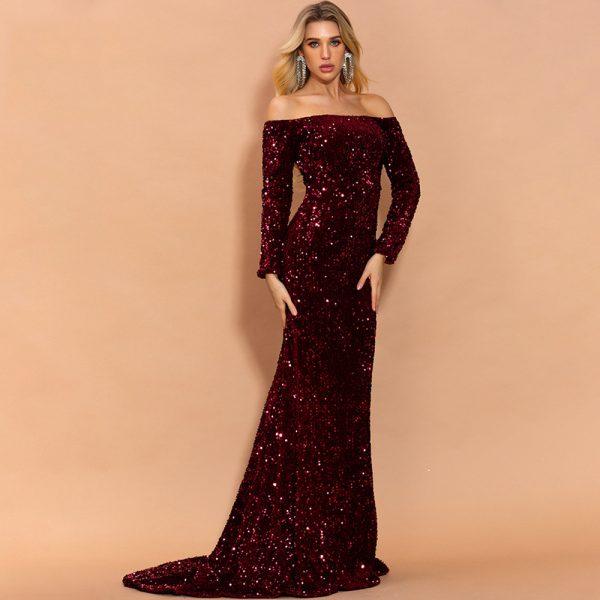 Sexy Off-Shoulder Long Sleeve Sequin Mermaid Party Maxi Dress Plus Size