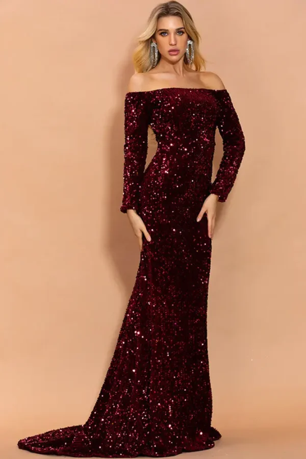 Sexy Off-Shoulder Long Sleeve Sequin Mermaid Party Maxi Dress Plus Size