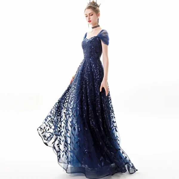 Navy Blue Lace Sleeveless High Waist Long Evening Gown Elegant Party Dress