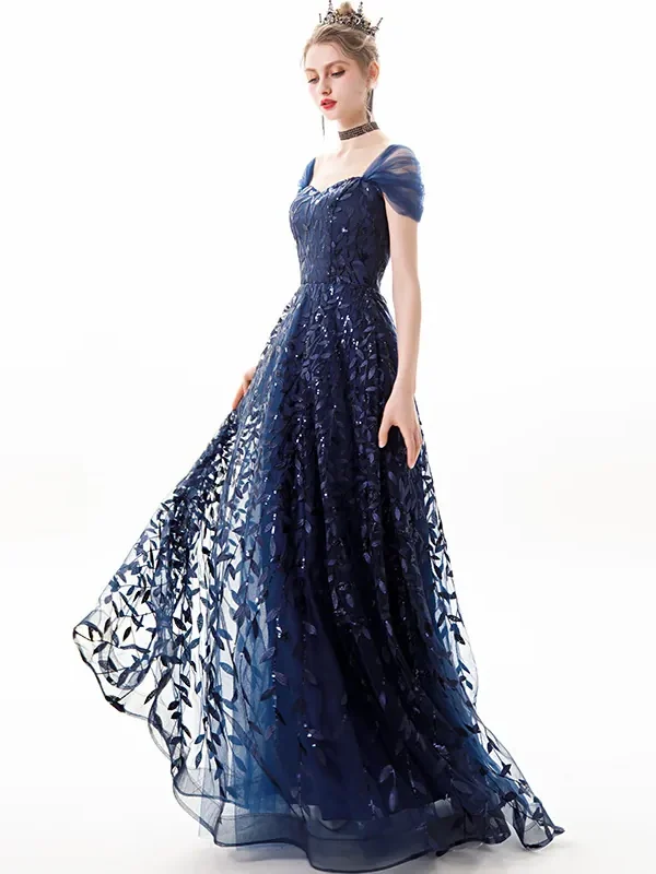 Navy Blue Lace Sleeveless High Waist Long Evening Gown Elegant Party Dress