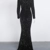 Long Sleeve Sequin Stretch Velvet Mermaid Evening Dress