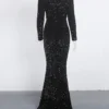 Long Sleeve Sequin Stretch Velvet Mermaid Evening Dress